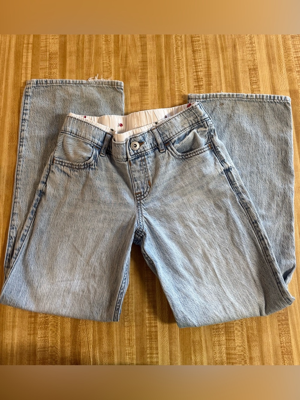 abercrombie kids light blue denim jeans with white cherry faux boxer lining